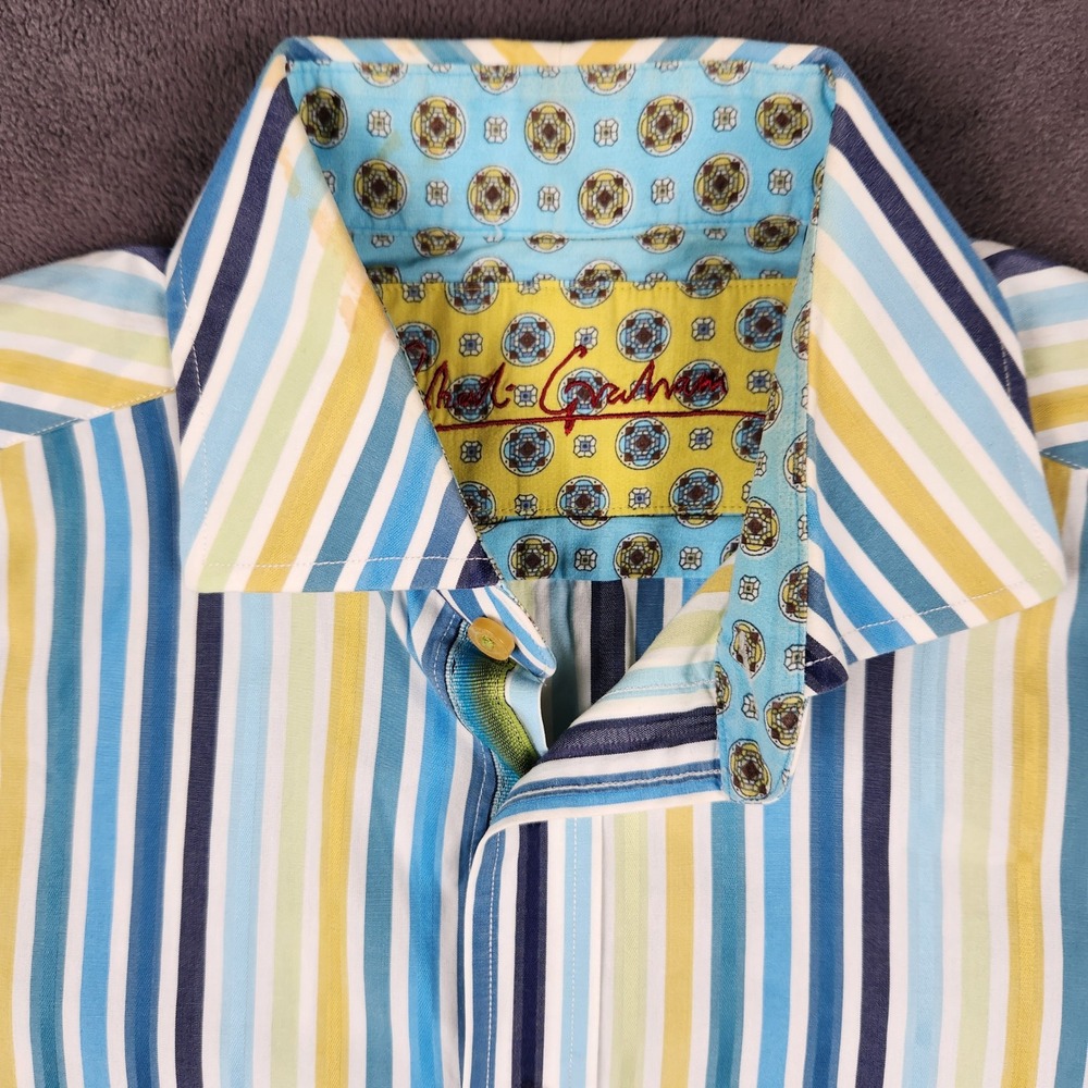 Robert Graham Shirt Mens Large Blue Yellow Striped Flip Cuff Button Up